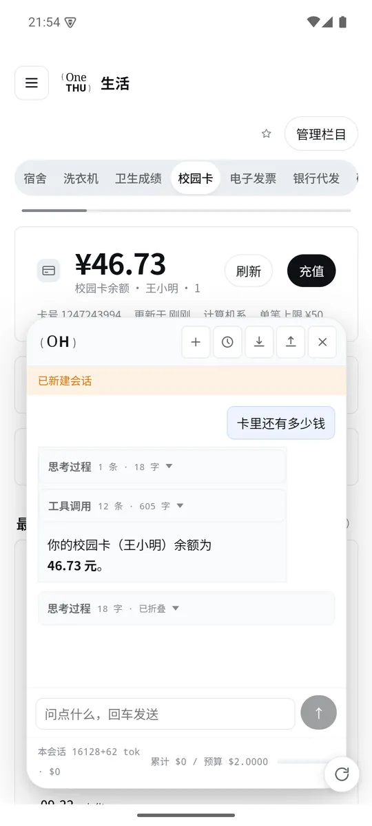 OneTHU 插件与 Agent 界面截图
